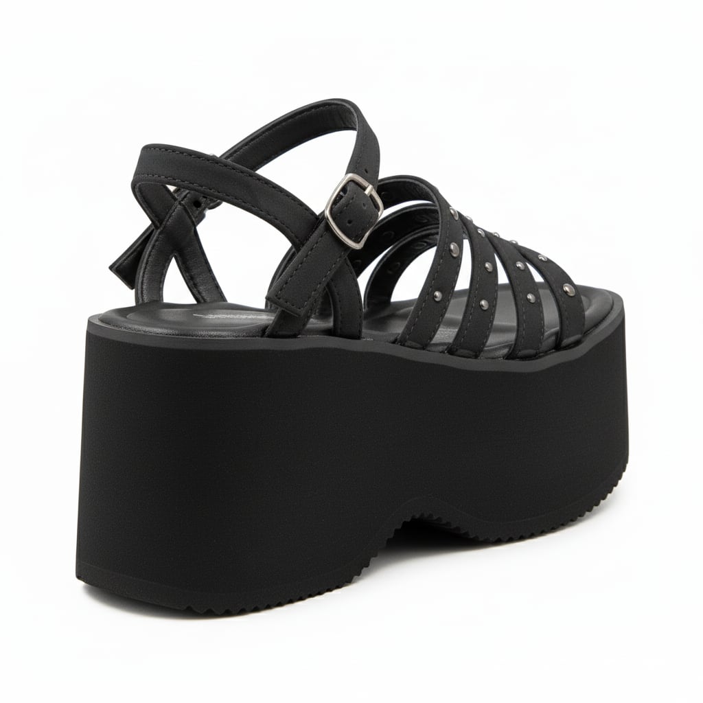 Sandalia Plataforma Tiras Tachas color Negro - tres cuartos trasero