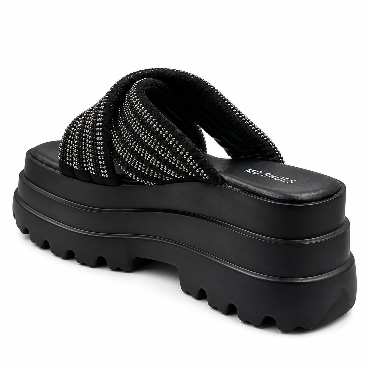 Sandalia Track Cruzada Tachas color Negro - tres cuartos