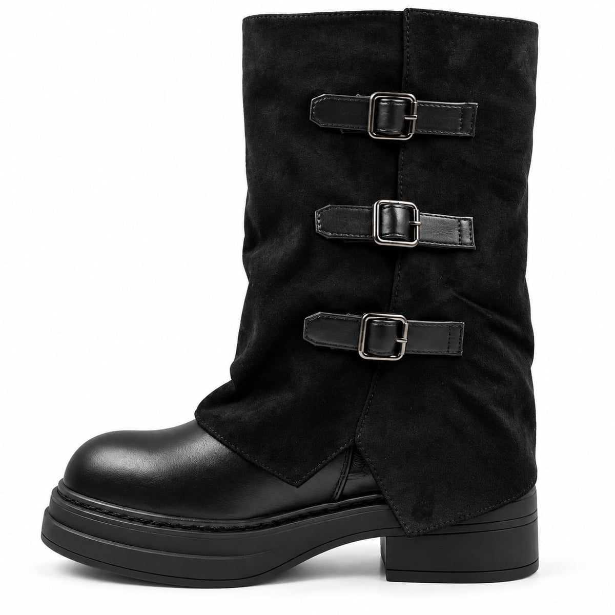 Bota Shark Plataforma 2 en 1 Gamuza color Negro - tres cuartos con capa