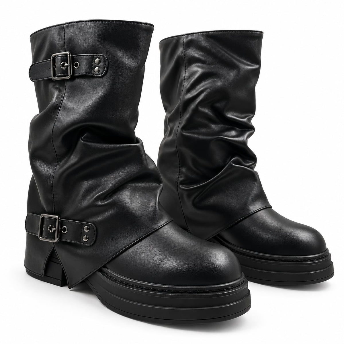 Bota Slouchy Doble Hebilla color Negro - par en angulo