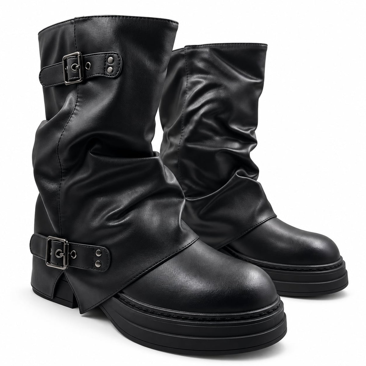 Bota Slouchy Doble Hebilla color Negro - par tres cuartos