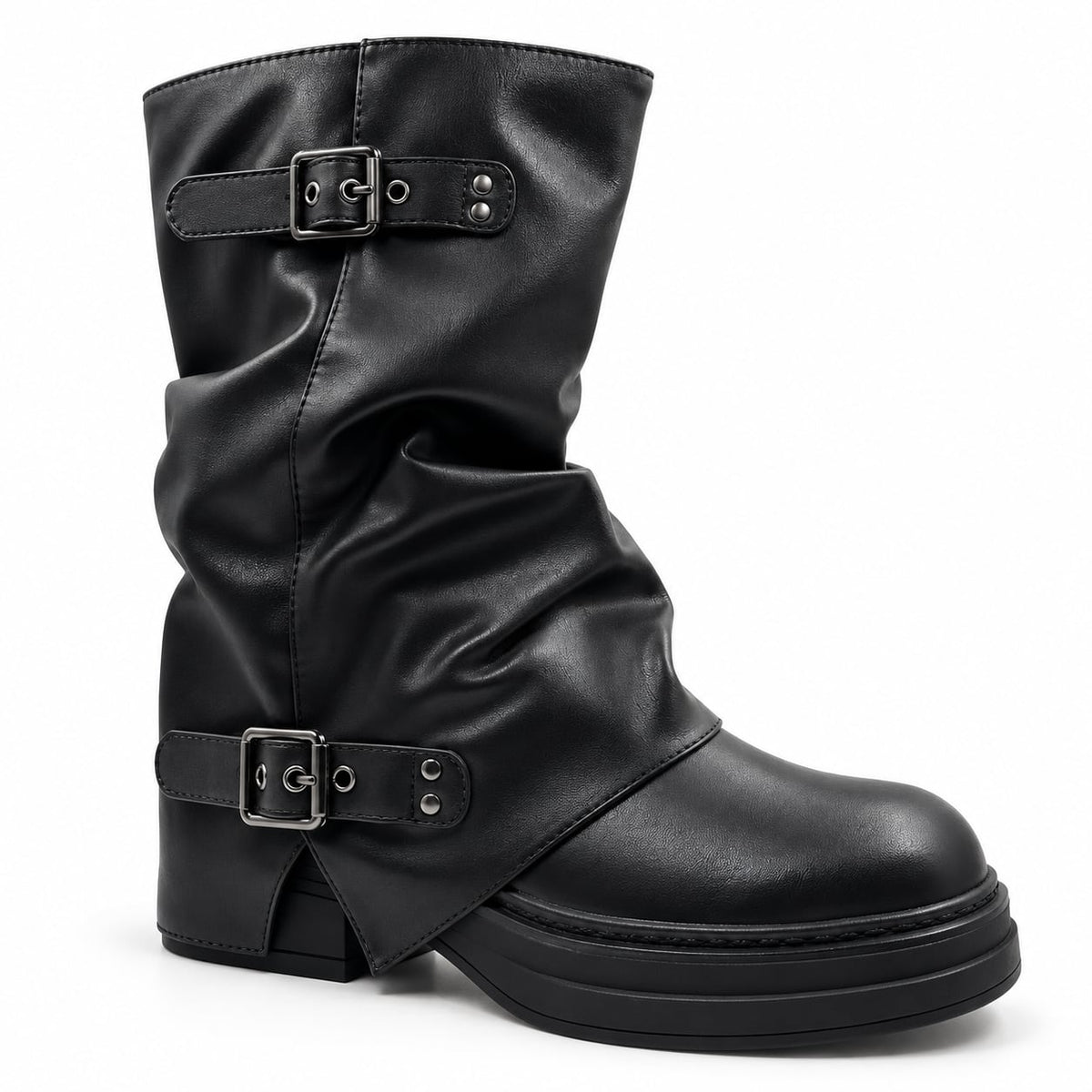 Bota Slouchy Doble Hebilla color Negro - tres cuartos