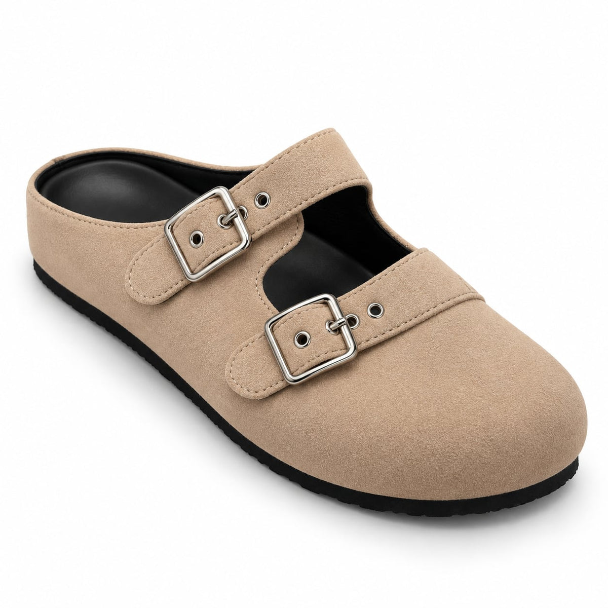 Zueco Mule Doble Hebilla color Beige - tres cuartos frontal