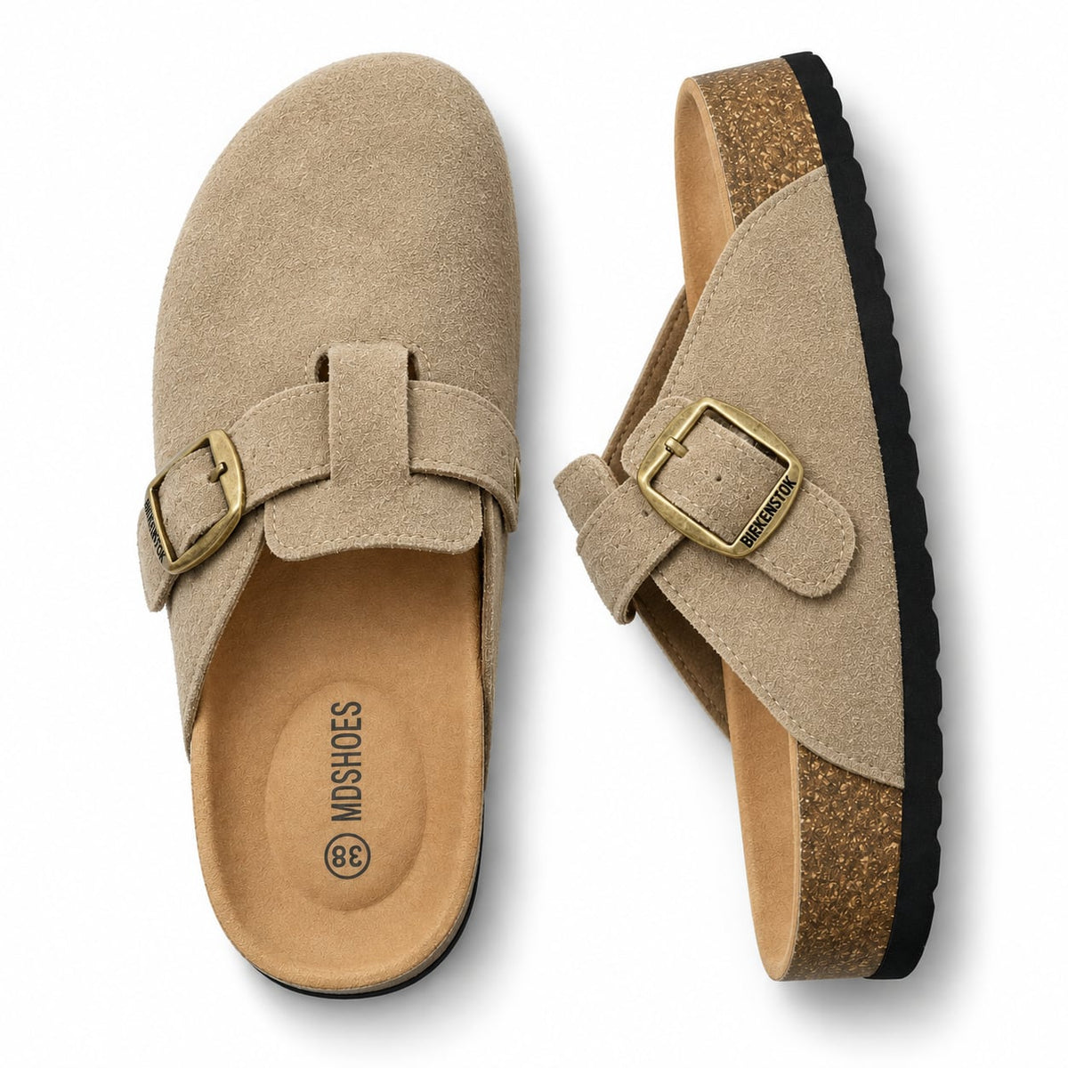 Zueco Corcho Hebilla Dorada color Beige - superior y perfil