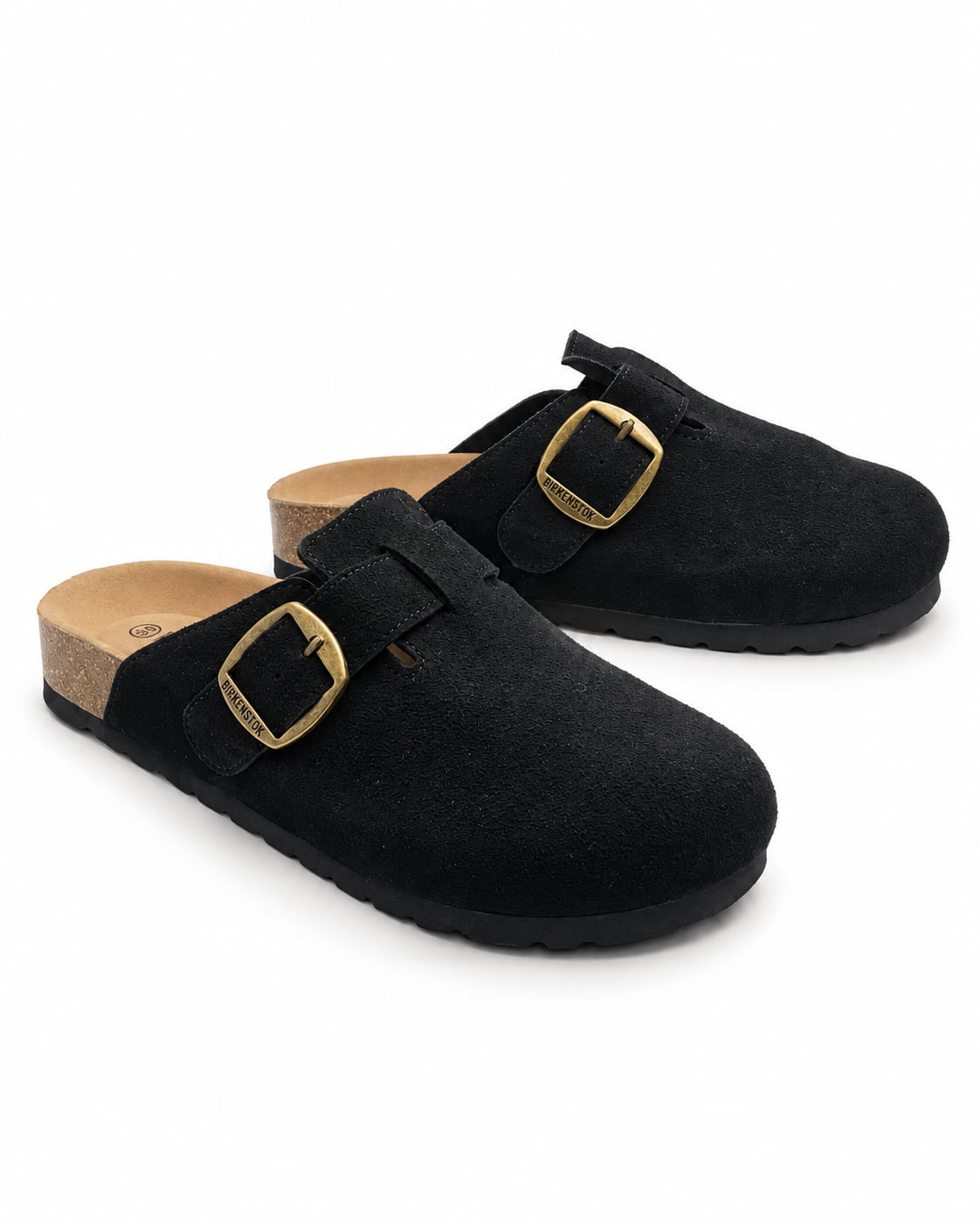 Zueco Corcho Hebilla Dorada color Negro - par tres cuartos