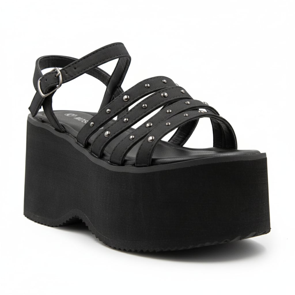 Sandalia Plataforma Tiras Tachas color Negro - tres cuartos