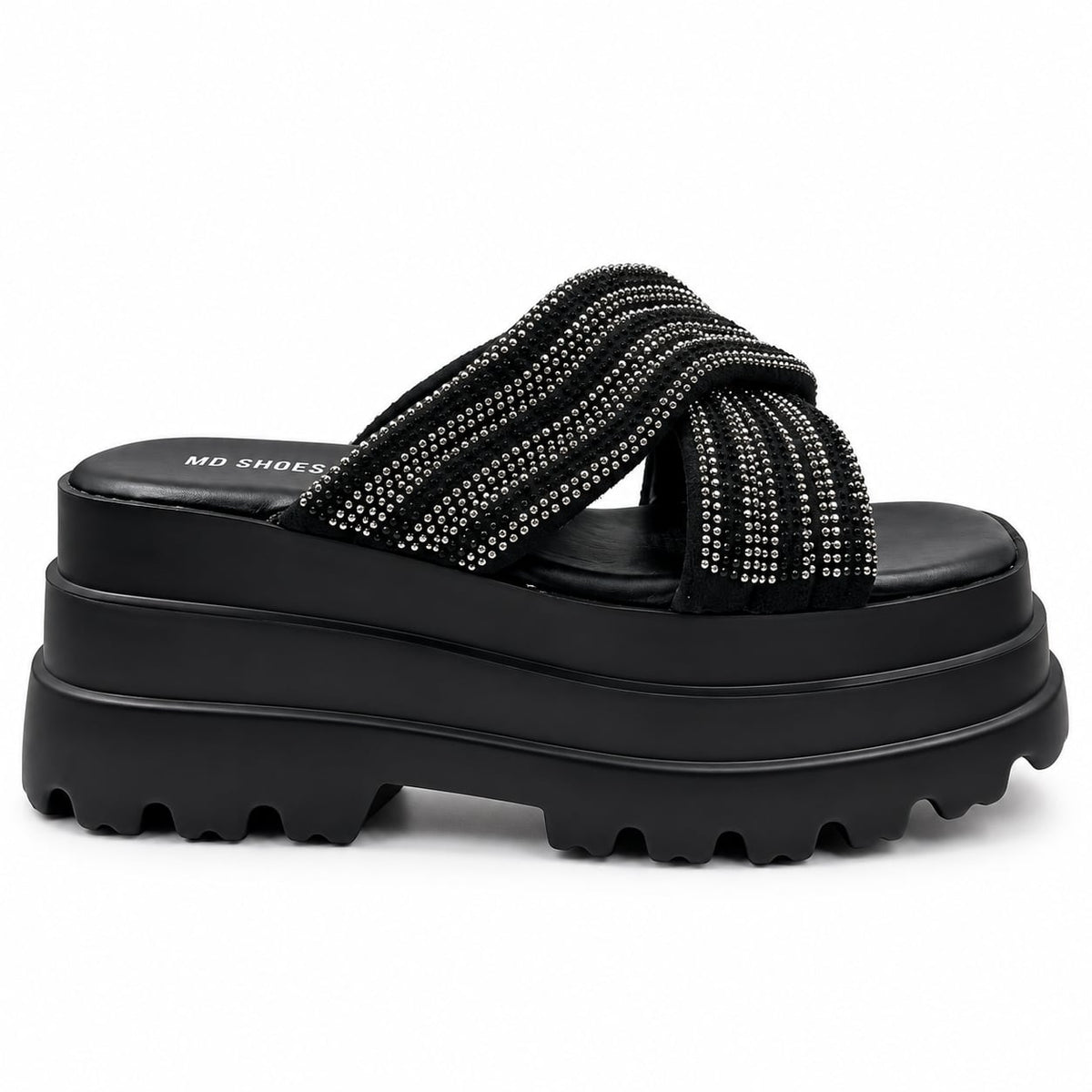 Sandalia Track Cruzada Tachas color Negro - tres cuartos frontal