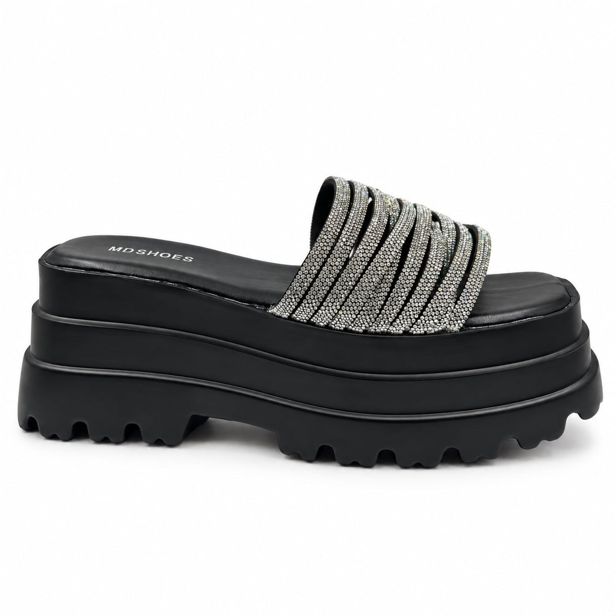 Sandalia Track Tiras Brillantes color Negro - lateral