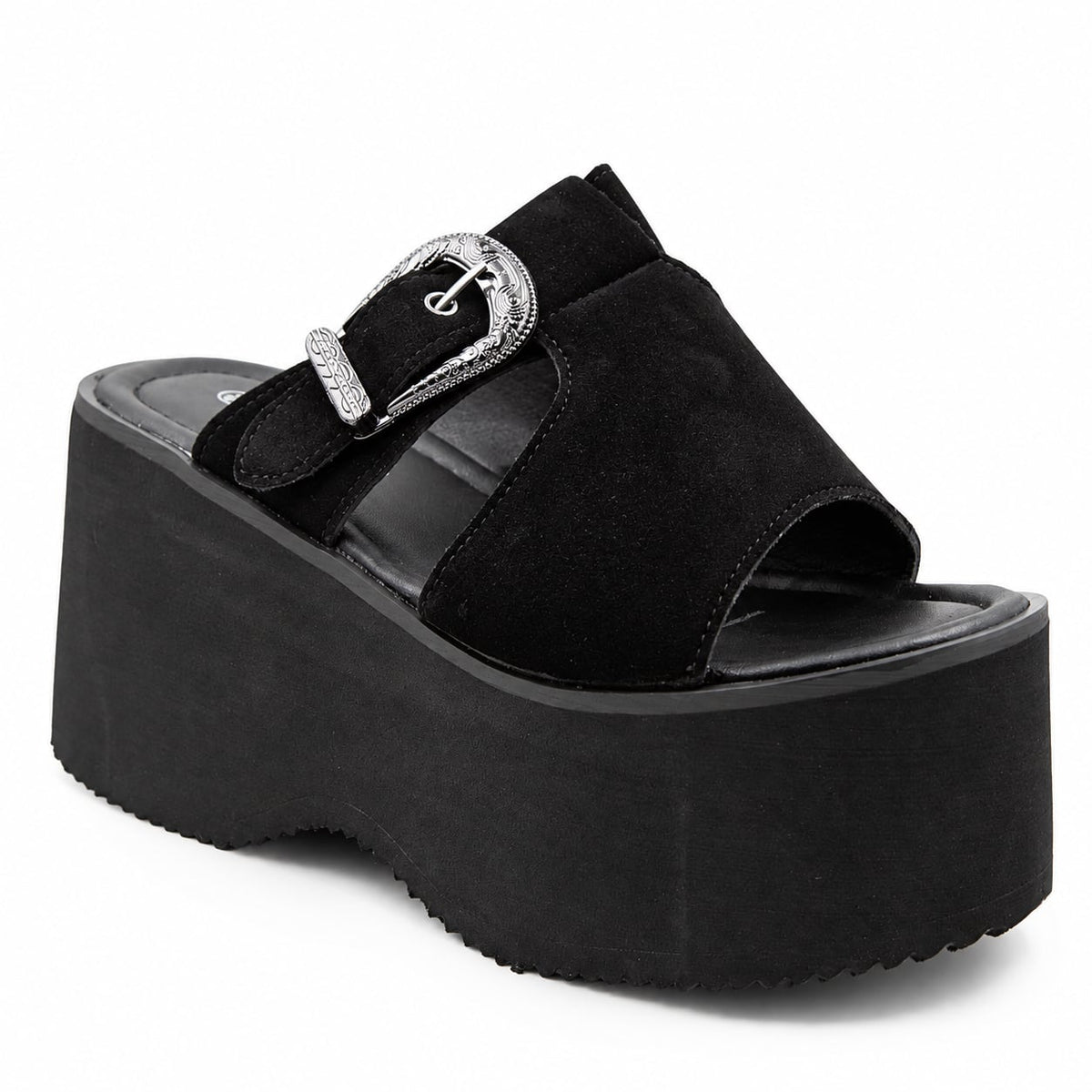 Sandalia Plataforma Hebilla Western color Negro - tres cuartos