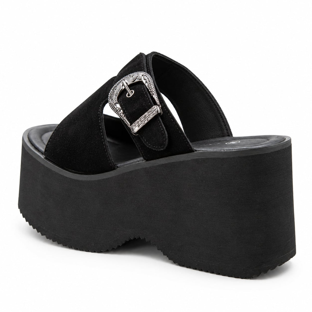 Sandalia Plataforma Hebilla Western color Negro - tres cuartos frontal