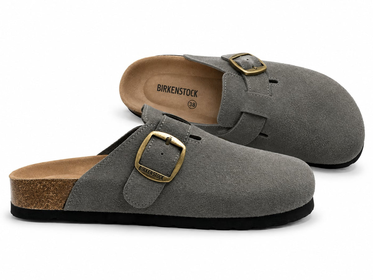Zueco Corcho Hebilla Dorada color Gris - par lateral