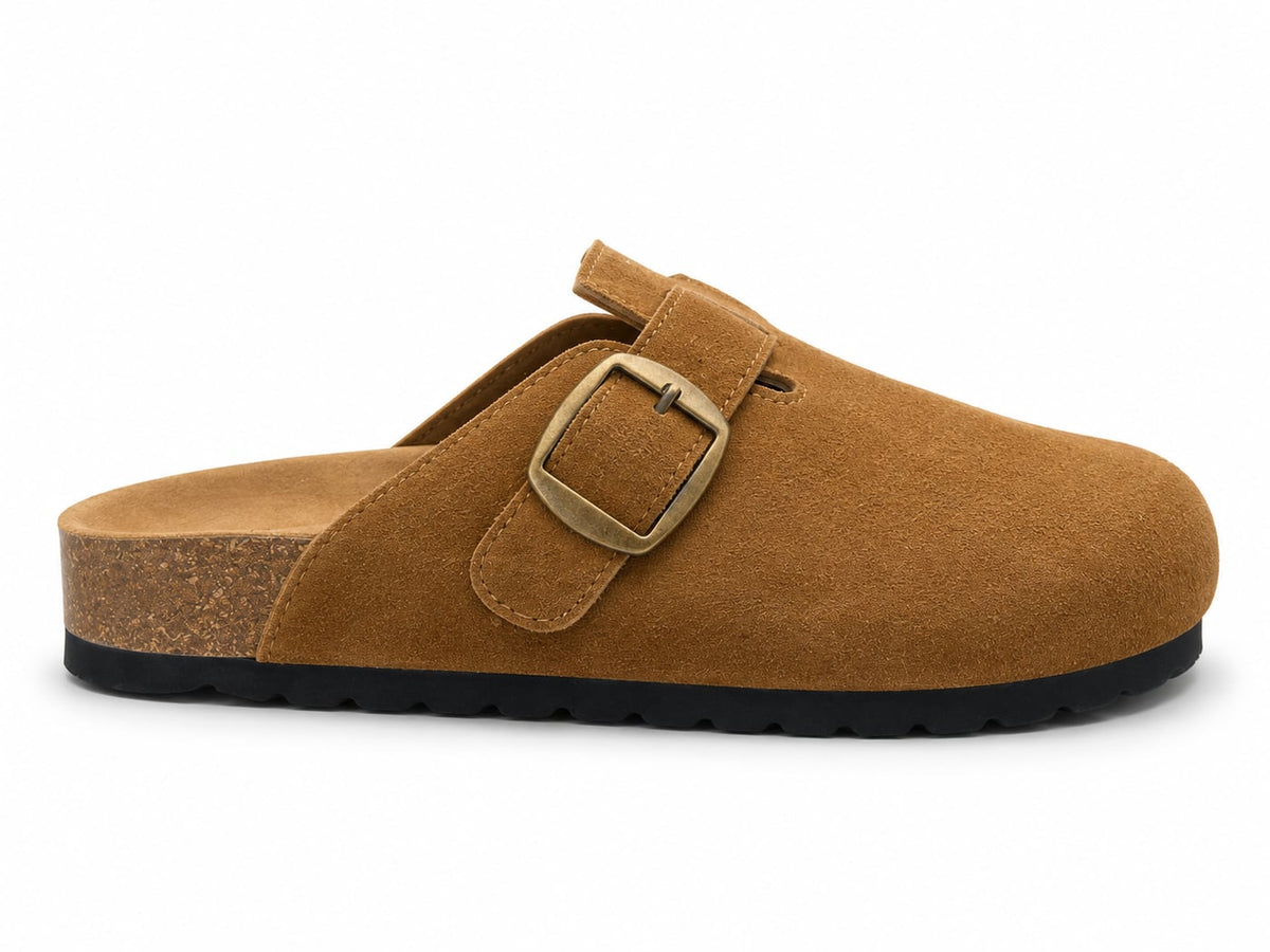 Zueco Corcho Hebilla Dorada color Camel - lateral