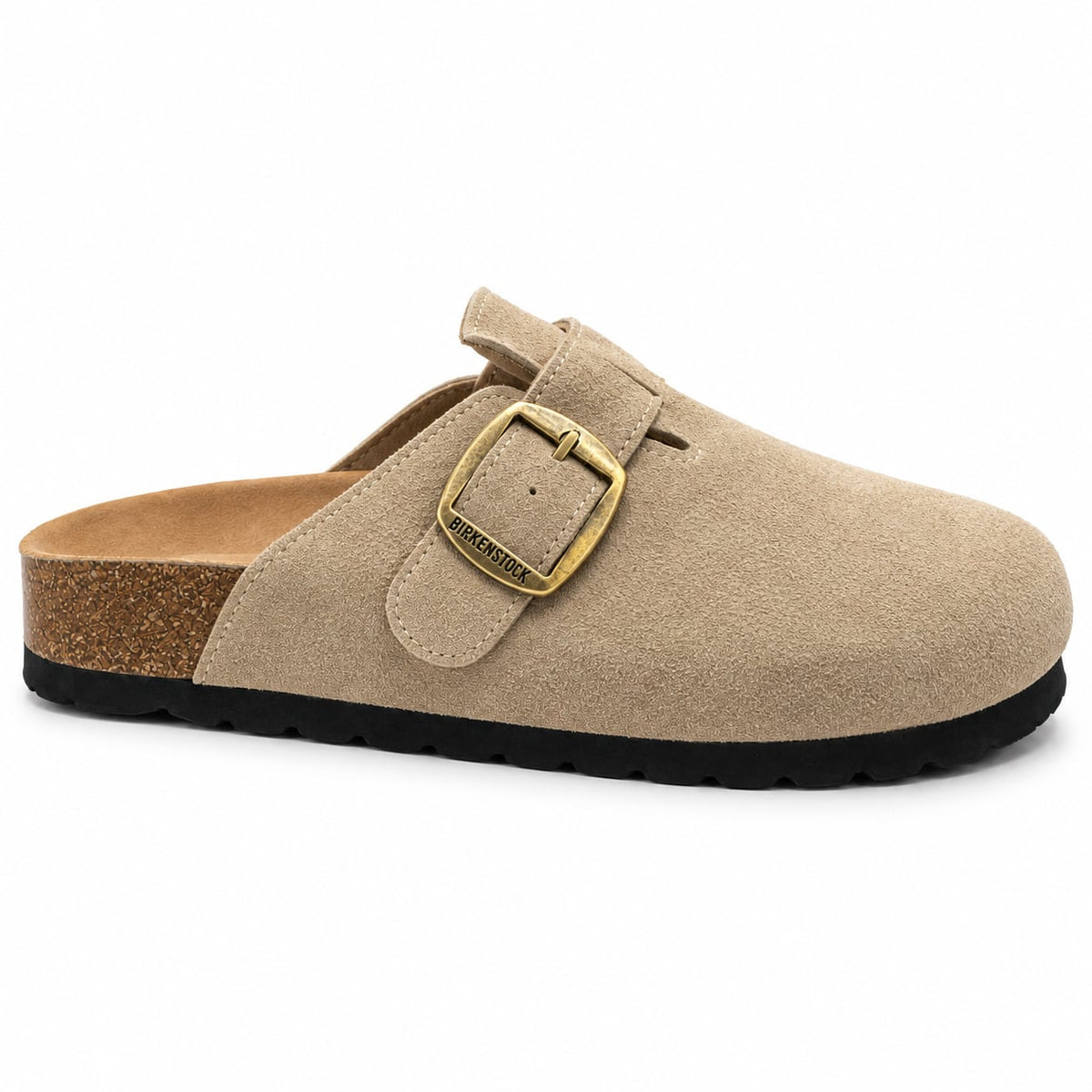 Zueco Corcho Hebilla Dorada color Beige - lateral cercana