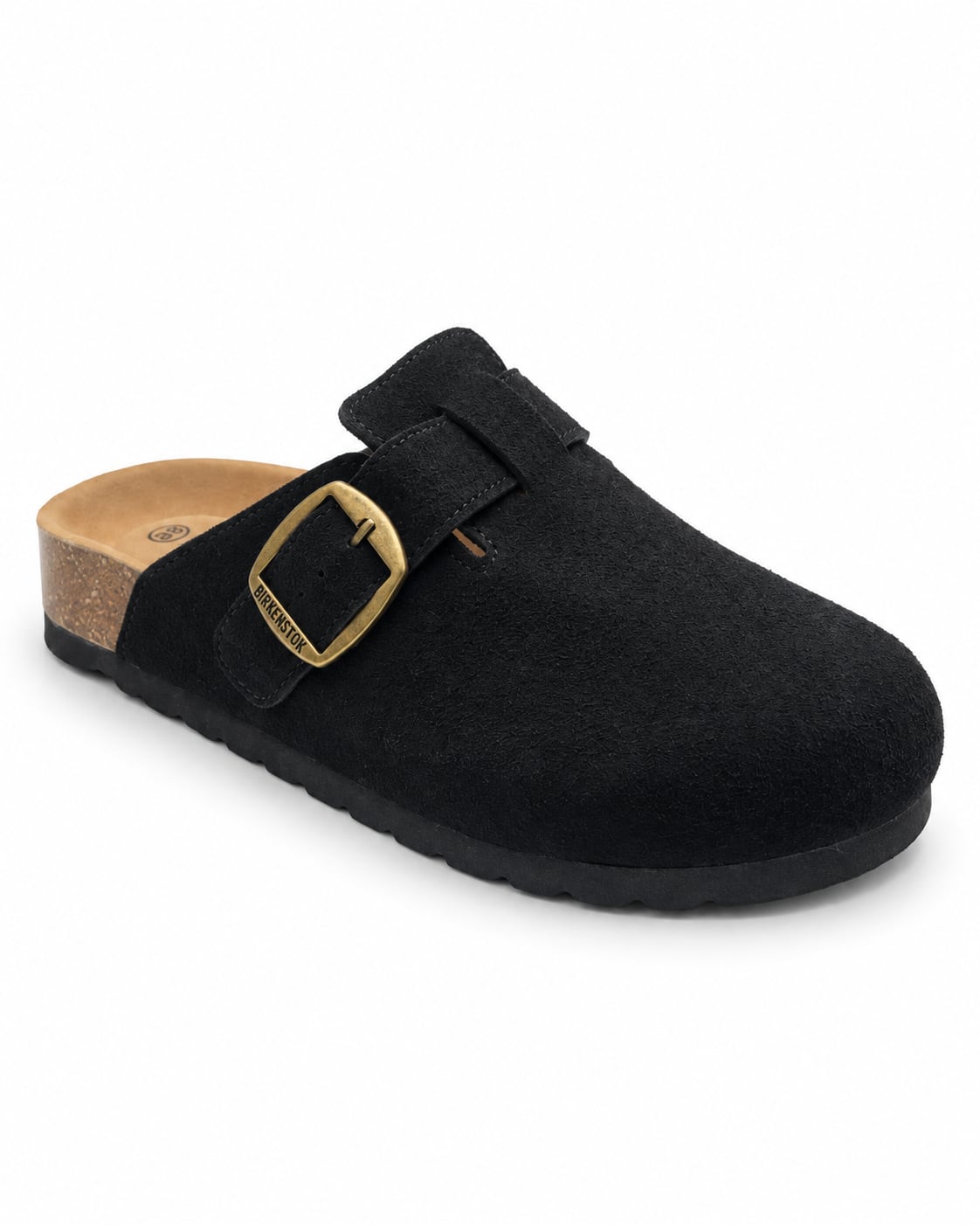 Zueco Corcho Hebilla Dorada color Negro - tres cuartos