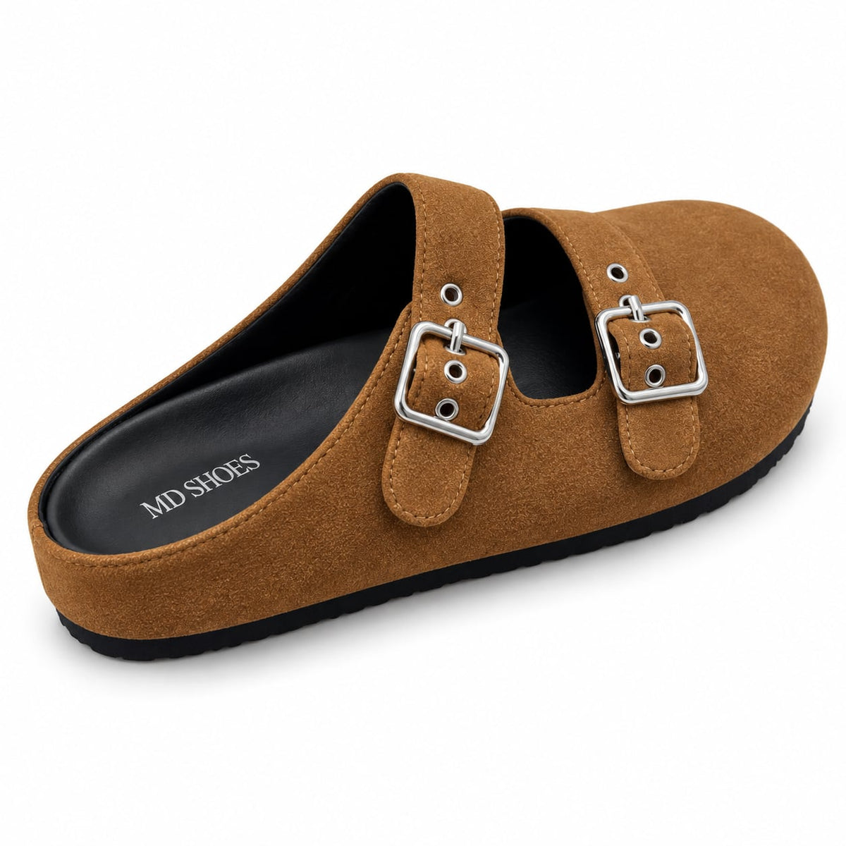 Zueco Mule Doble Hebilla color Camel - tres cuartos trasero