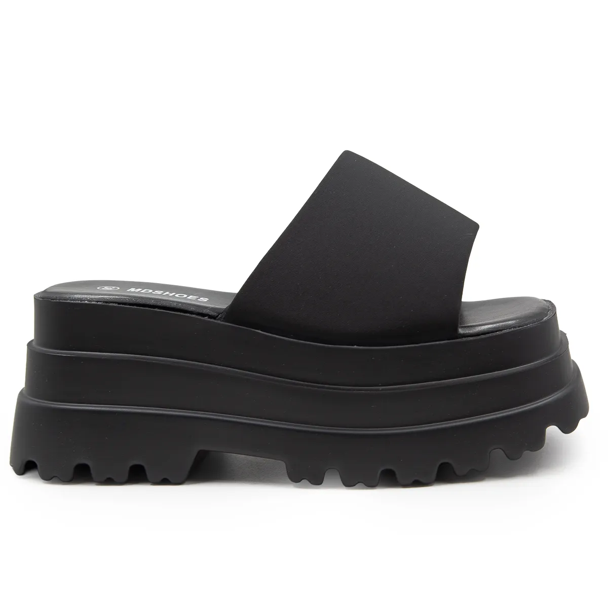 Sandalia Plataforma Chunky Negra de Tira Ancha Esponjada Slide