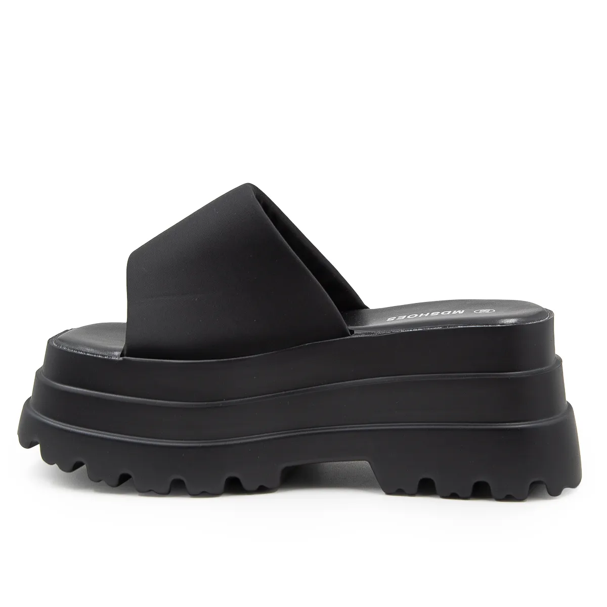 Sandalia Plataforma Chunky Negra de Tira Ancha Esponjada Slide