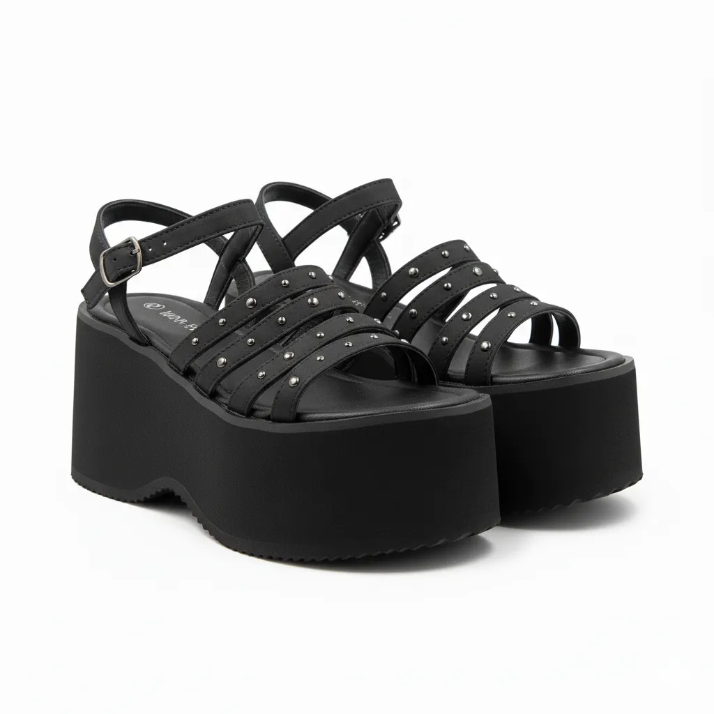 Sandalia Plataforma Negra con Tachas y Tiras Finas