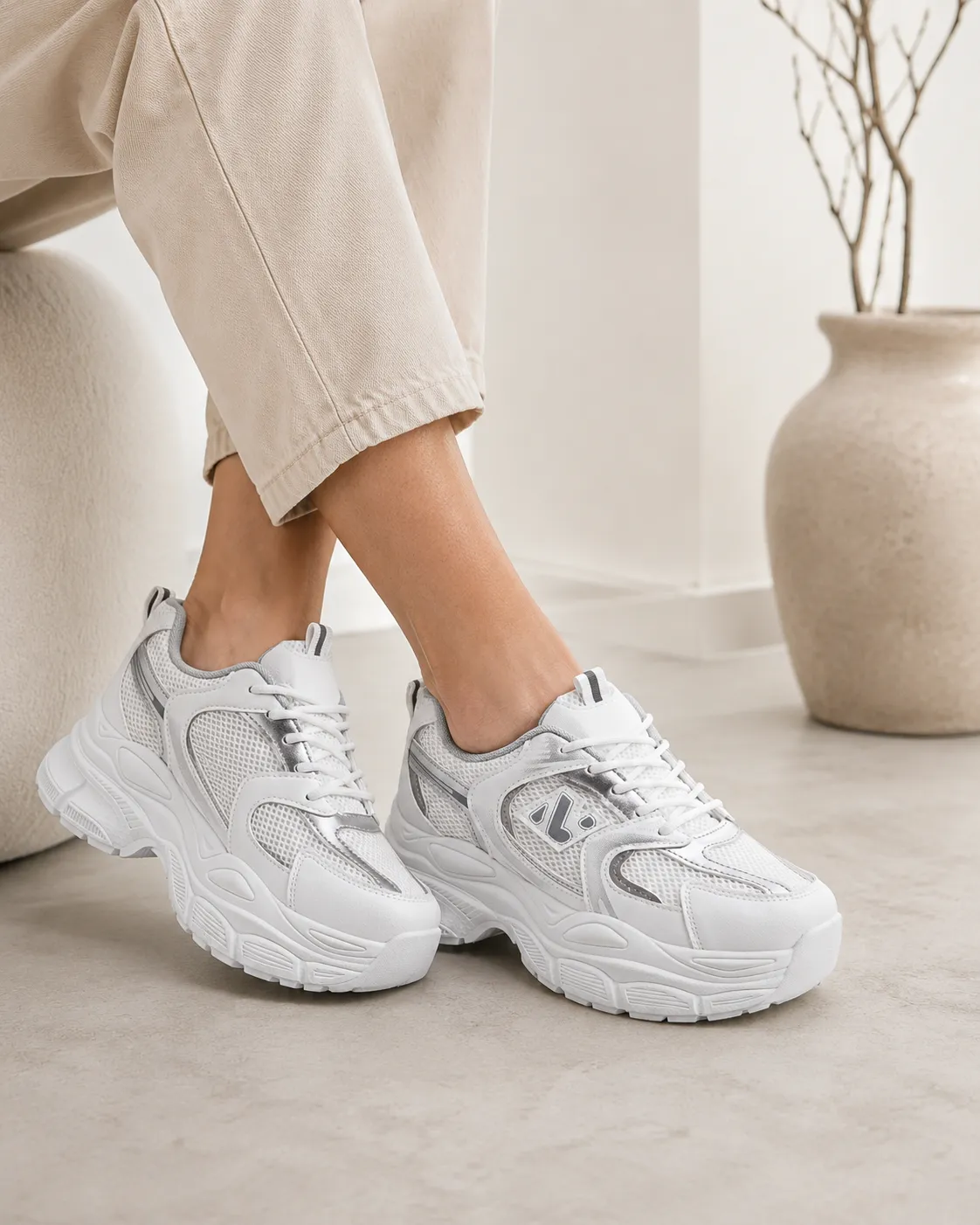 Zapatilla Chunky Blanca Plataforma Malla Transpirables