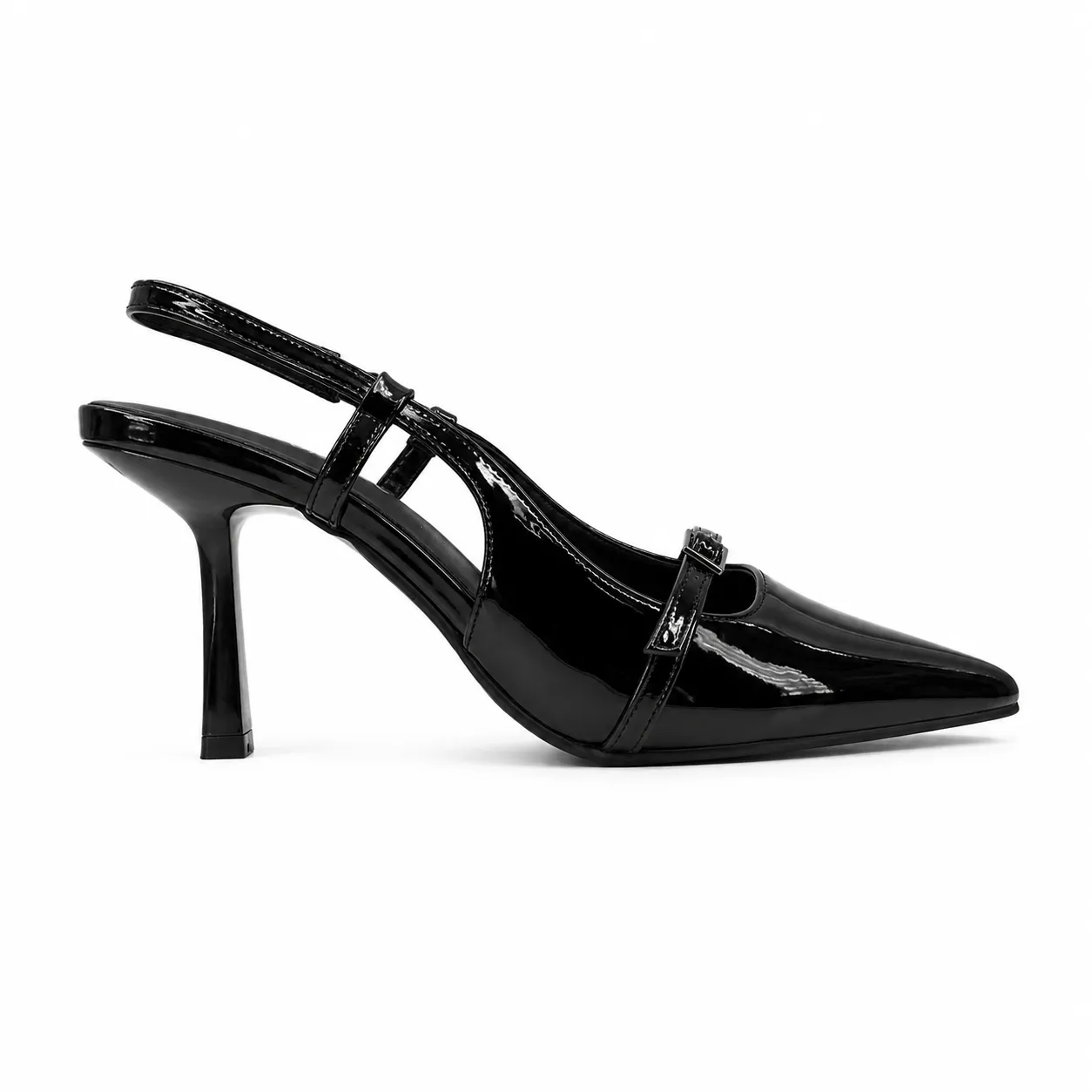Tacón Stiletto Negro Punta Fina con Correa