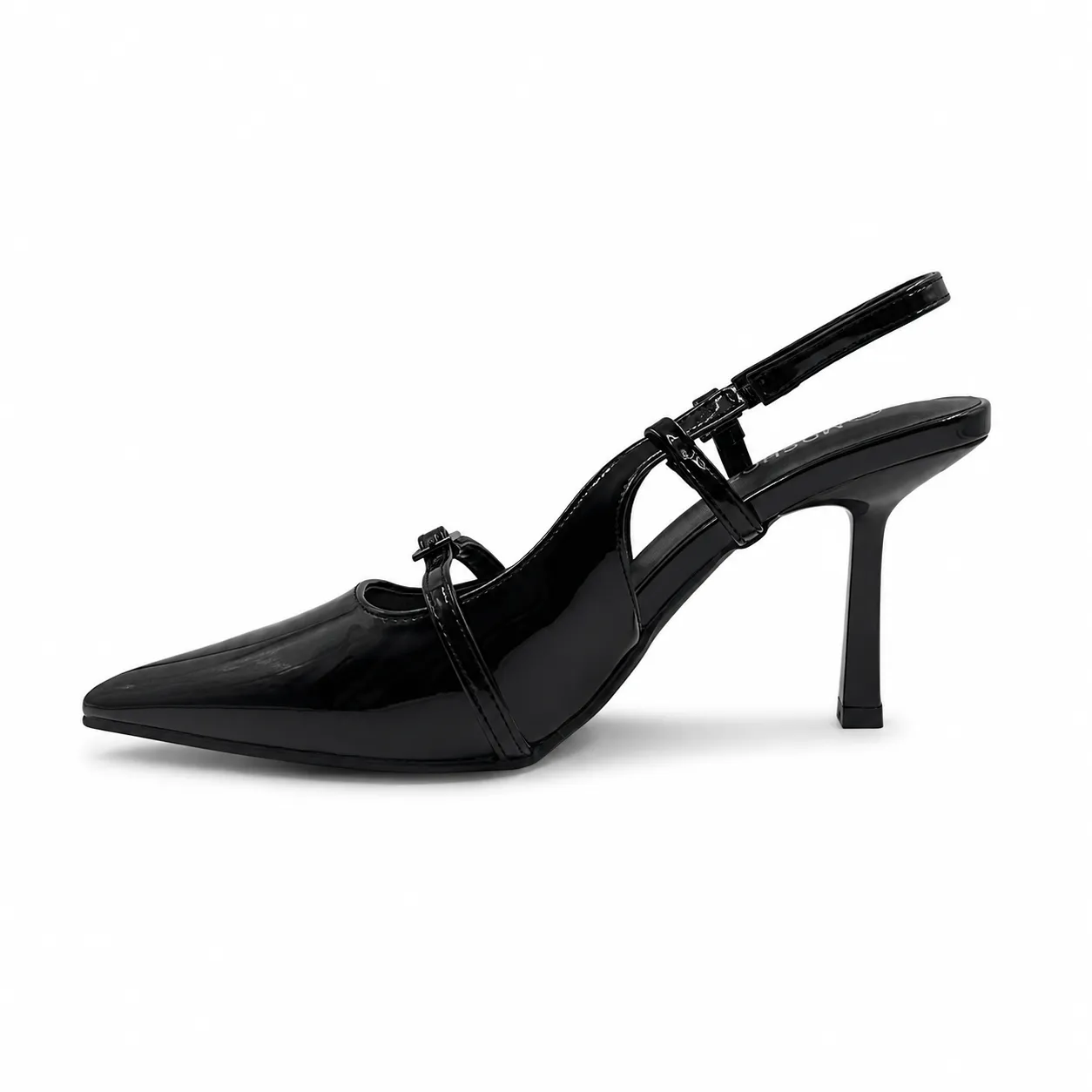 Tacón Stiletto Negro Punta Fina con Correa