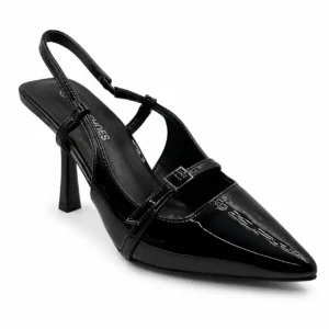 Tacón Stiletto Negro Punta Fina con Correa