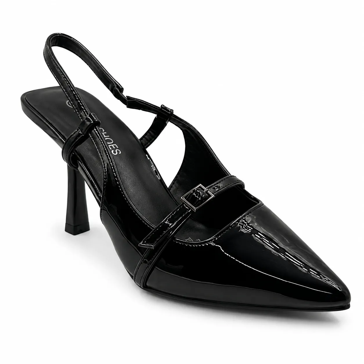 Tacón Stiletto Negro Punta Fina con Correa