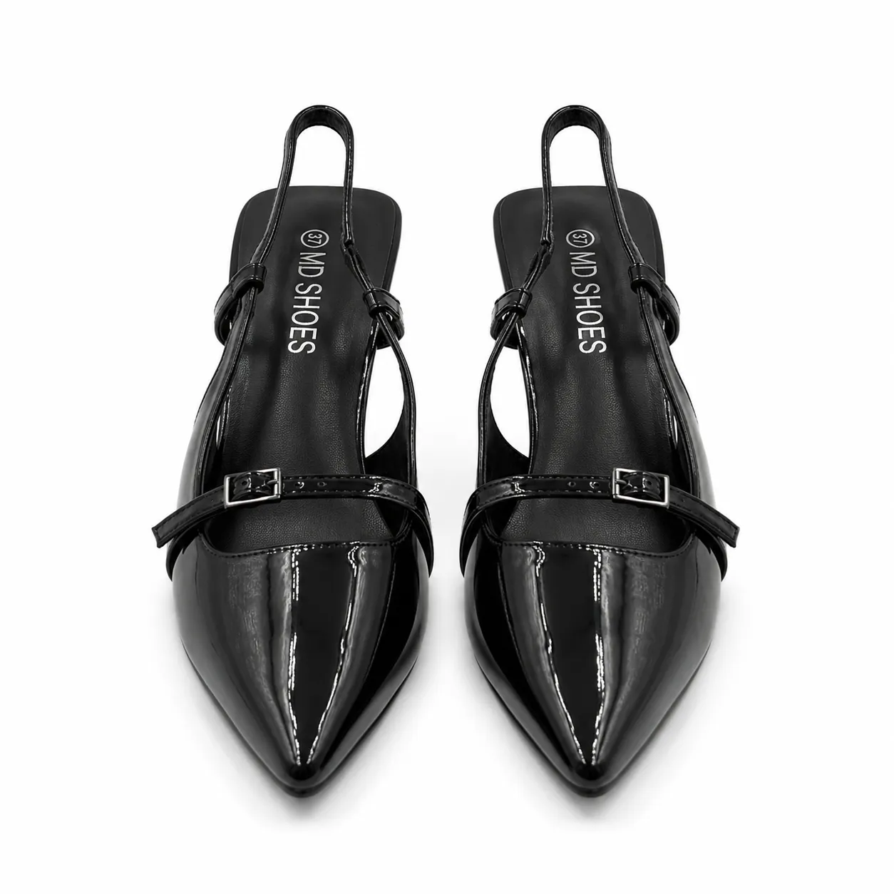 Tacón Stiletto Negro Punta Fina con Correa