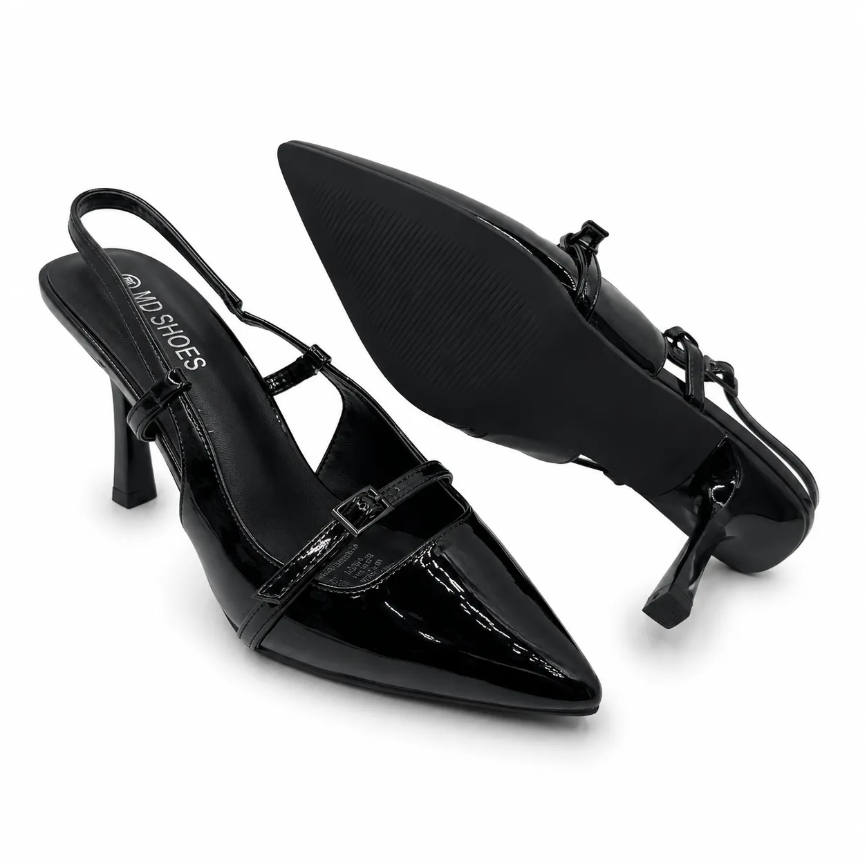 Tacón Stiletto Negro Punta Fina con Correa