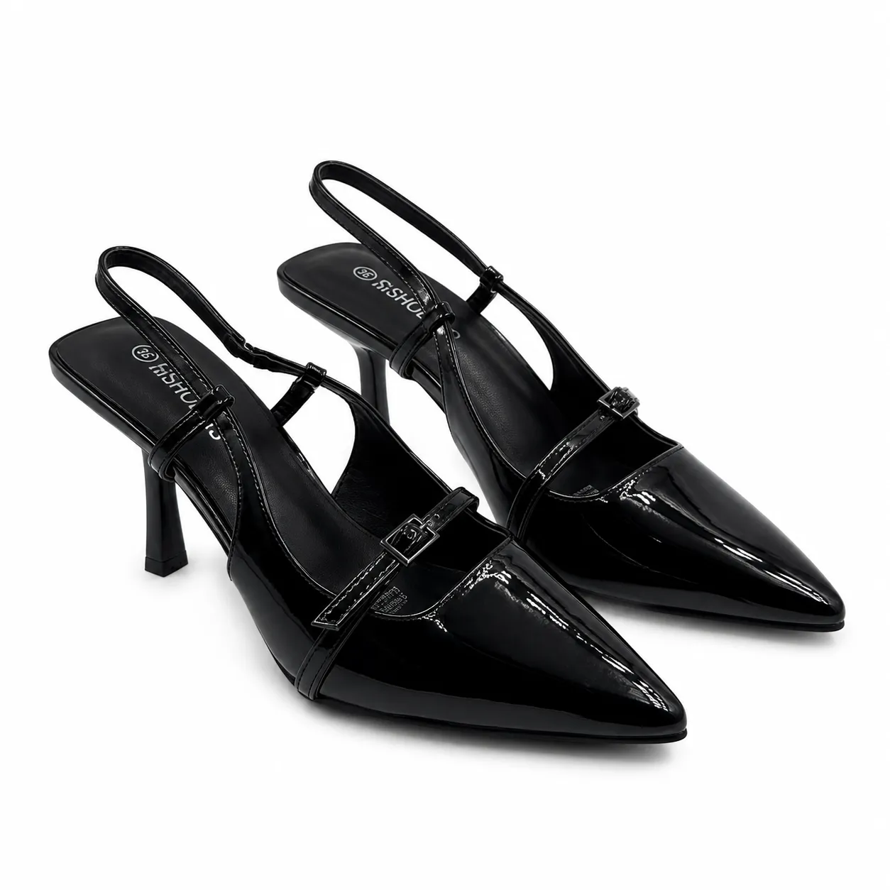 Tacón Stiletto Negro Punta Fina con Correa